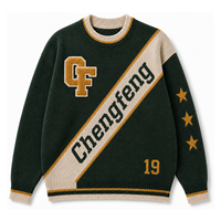 Pull ras du cou pour homme, style universitaire rétro, en chenille, avec badge CF, motif diagonale, lettres Chengfeng, numéro 19, détail étoile, manches longues, tricoté