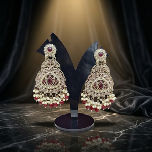 Traditional Antique Gold Plated Kundan Chandbali <b>Earrings</b> <b>Red</b> Gemstone Oversized Statement Dangle <b>Earrings</b> with pearl bead - Product Image 3