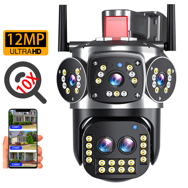 3 Screens 12MP HD PTZ Indoor Security Camera with 360 Rotation 10X Zoom Motion Detection Two-Way Audio Cloud Storage & WiFi
