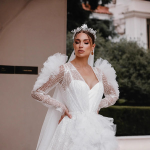 Luxe blanc femmes robes de maternité pour séance Photo col en V manches longues <span class=keywords><strong>Robe</strong></span> à plusieurs niveaux Tulle bal mariage enceinte sur mesure - Product Image 2