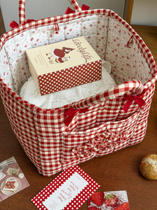 Cesta de lavandería coreana de algodón acolchado ligero con estampado de guinga, cesta plegable para artículos domésticos, bolsa de almacenamiento. - Product Image 4
