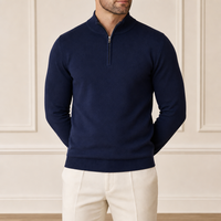 Pull en maille bleu marine pour homme avec logo personnalisé, col montant, manches longues, ourlet côtelé, fabrication OEM/ODM, vente en gros