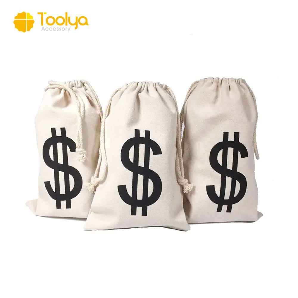 Custom LogoプリントDrawstring Cotton Canvas Money Bag Dollar Sign $8 × 12 Inches Bank Robber Bag Favor Gift Bag