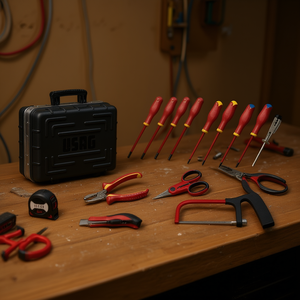 Juego de herramientas con destornilladores, alicates, tijeras, sierra, cinta métrica, diseño rojo y negro para tareas de reparación doméstica - Product Image 3