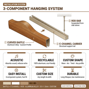 Decoración de Interiores de Oficina, Panel de <span class=keywords><strong>Techo</strong></span> Curvo de Aluminio con Acabado de <span class=keywords><strong>Madera</strong></span> Lineal, Resistente al Fuego y a la Humedad - Product Image 4