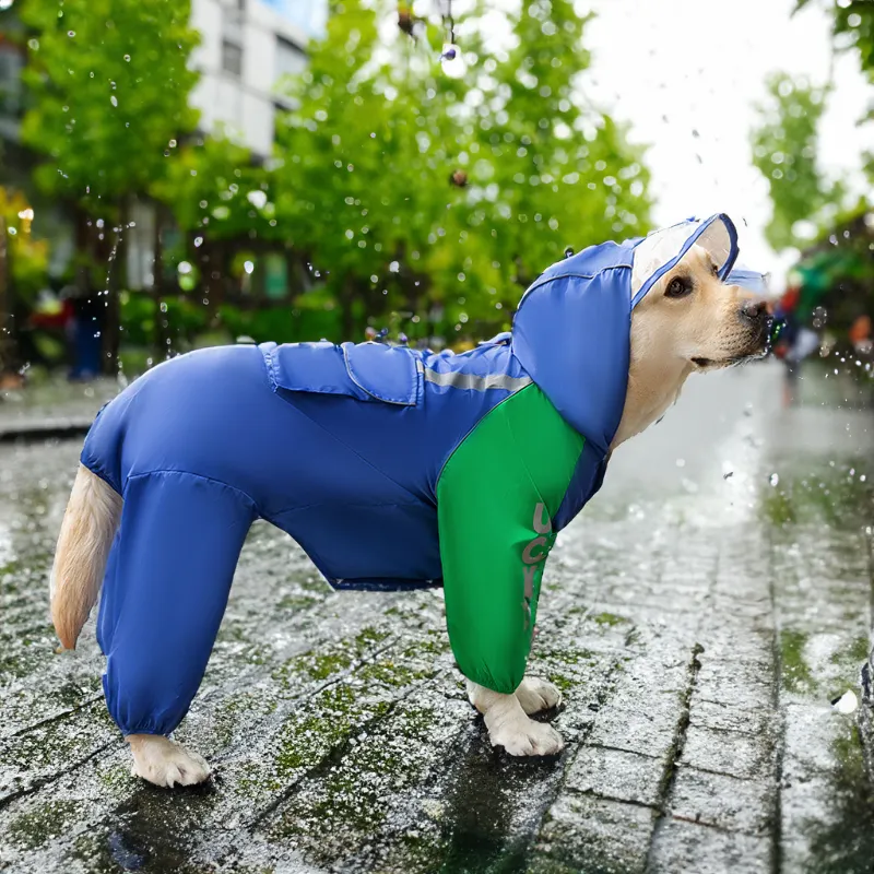 Fast Shipping Wholesale Manufacturer Blue Taffeta PVC Waterproof Pet Clothes 4-legged Dog Jumpsuit Raincoats for Large Breed