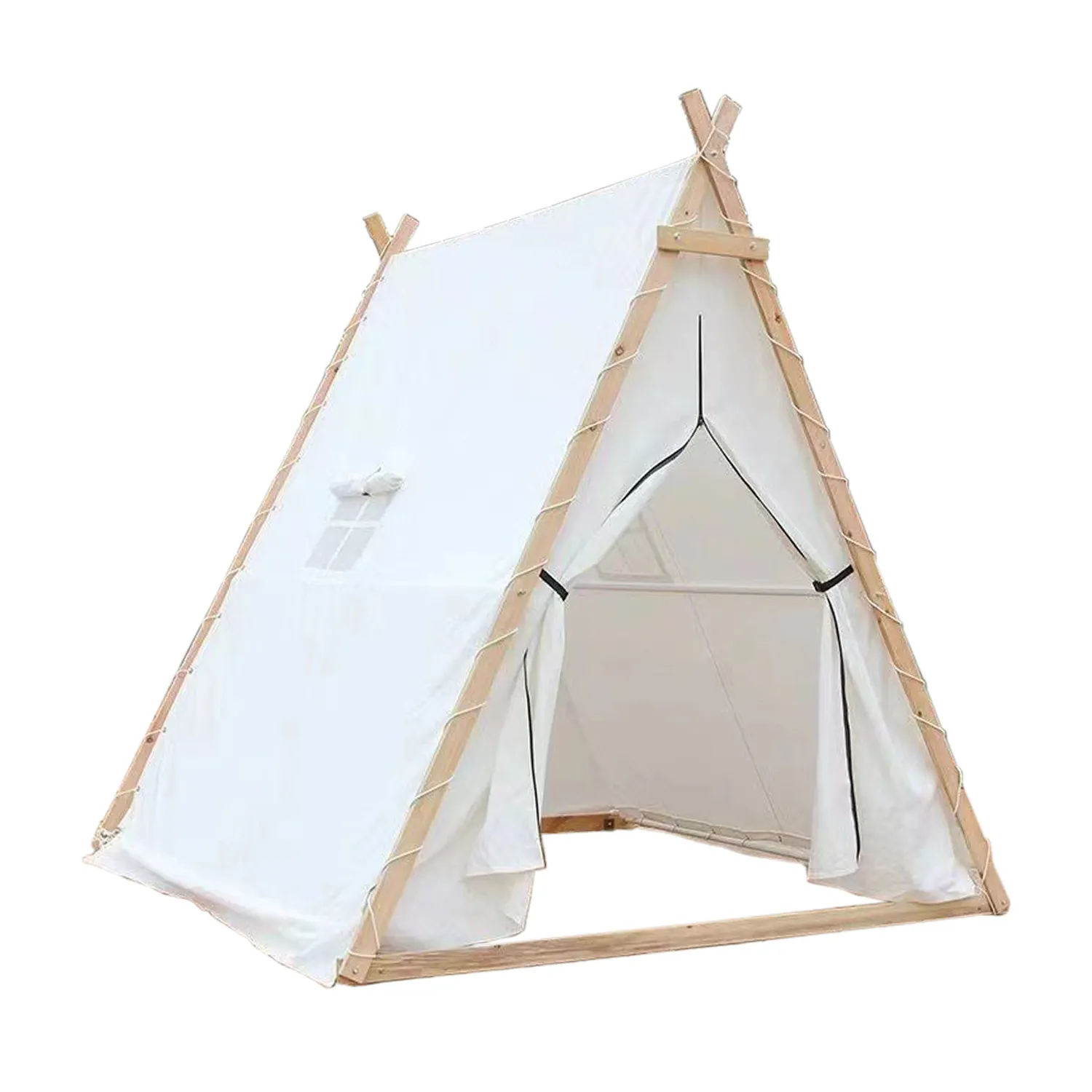 Luxury Camping Safari Tent with Wood Pole Frame Outdoor Triangular Safari Glamping Party Family Indian Tipi Tent