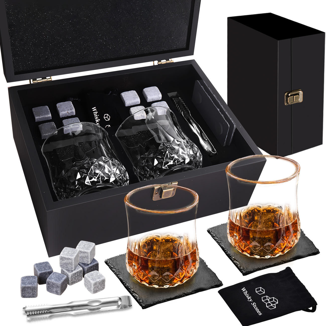 Coffret en bois noir 2 tasses costume 8 pierres