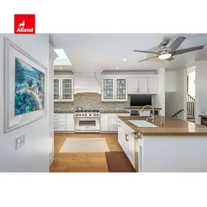 Alland pengocok dicat putih kabinet desain dapur kayu Solid dengan pintu kaca dan lemari penyimpanan yang bagus