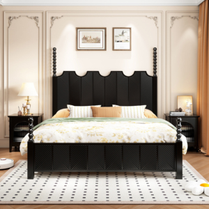 Vintage Black Solid Wood King Size Bed Frame, American Retro Queen Bed with Vertical Texture & Carved Details, Luxury Bedroom - Product Image 1