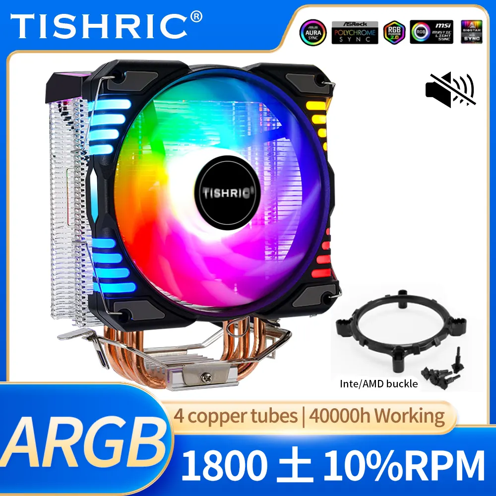 TISHRIC Argb 4 히트 파이프 CPU 쿨러 조용한 냉각 팬 라디에이터 호환 인텔 LGA 1150 1151 1155 1700 775 1200 AMD 컴퓨터