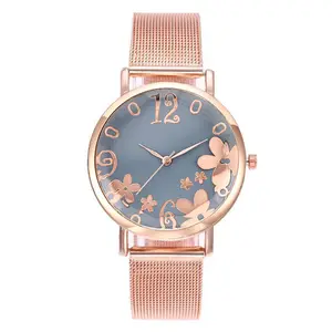 Reloj de pulsera Digital de cuarzo para mujer, cronógrafo de aleación de oro rosa con flores, Milano, malla, a la moda