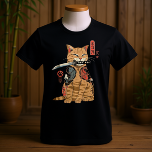 Camiseta negra Catania con diseño de gato samurái para hombres y mujeres - Product Image 3