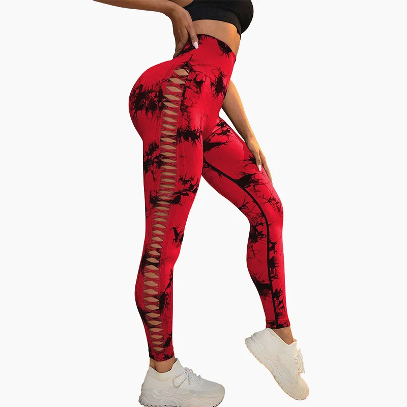 Women's High-waist Seamless Yoga Pants with Side Lace-up Hollow-out Design, Soft, Stretchy and Breathable, Solid Color Tie-dye