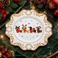 Assiette de Présentation en Plastique de 13 Pouces avec Motif Teckel de Noël Imprimé UV et Bordure Dorée Gaufrée Élégante pour les Décorations de Table de Fêtes