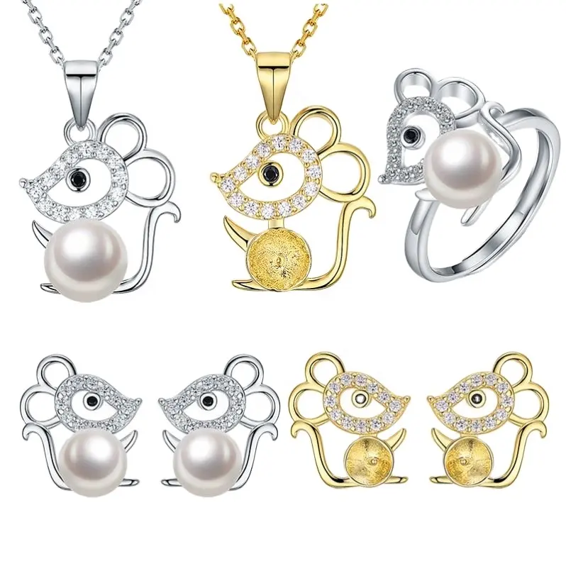 Factory Direct Etsy Choice Cute Mouse Animal Freshwater Pearl Pendant 925 Silver Jewelry Set
