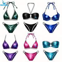 Luxueuze glanzende bikini 2026 voor dames, hoog uitgesneden badpak, sexy thong, badpak met strass steentjes, glanzende glitter satijn stof.