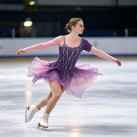Robe de patinage artistique dégradé violet-rose avec strass et manches longues évasées en maille pour la compétition et les spectacles des adultes et des enfants