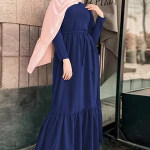 Vestidos largos vintage personalizados para mujer plisados empalmados con cinturón suelto manga larga casual señoras Maxi vestido - Product Image 3