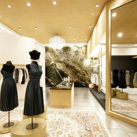 Présentoirs minimalistes écologiques en bois toné pour magasins de vêtements avec éclairage LED, comptoirs modernes de style îlot