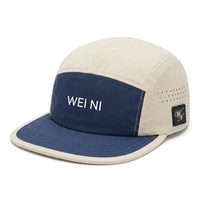 Casquette de camping 5 panneaux en nylon à séchage rapide, color block, perforée au laser, respirante, à visière plate, pour sport de plein air, unisexe, avec logo personnalisé
