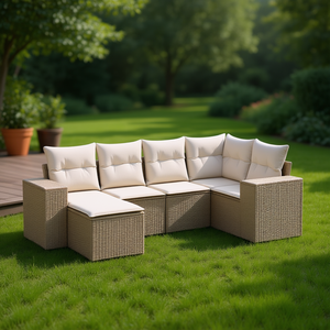 Ensemble de canapés de jardin modulaires en polyrotin beige, meubles d'extérieur confortables, design contemporain, coussins en mousse haute densité - Product Image 2