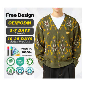 Suéter Cárdigan de Punto Jacquard con Flores Verdes, 100% Algodón, para Hombre, Certificado GRS, con Logotipo Personalizado y Cierre de un Solo Botón - Product Image 1