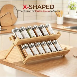 Estante para especias de madera de doble capa, organizador plegable de escritorio de 13,7 pulgadas x 6,3 pulgadas para almacenamiento en la cocina - Product Image 3