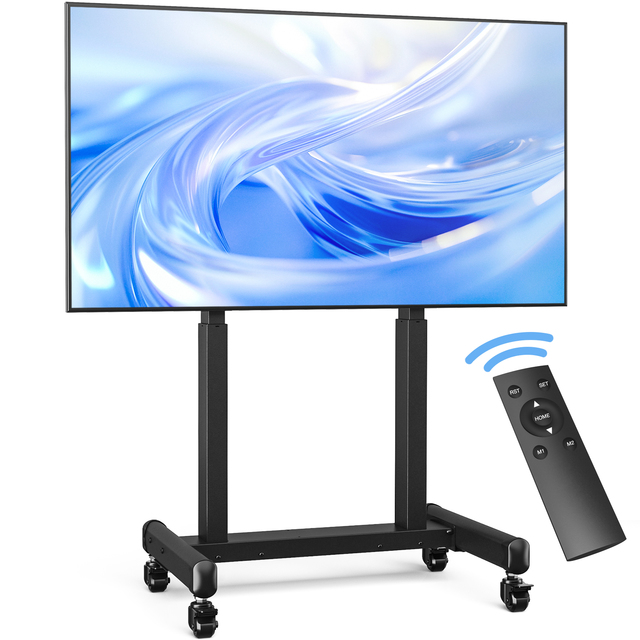 Large Heavy Duty Height Adjustable TV Rolling Floor Stand Motorized Mobile Cart With Wheels Casters Remote Control for 100 Inch