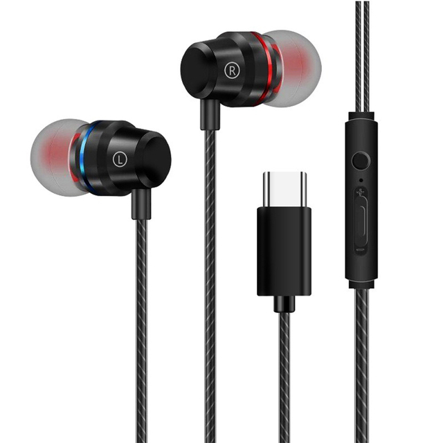 Universal 3.5mm In-Ear Wired Headset with MIC & Line Control Tuning Type-C Red & Blue Ring Mobile Phone Compatible-Wholesale