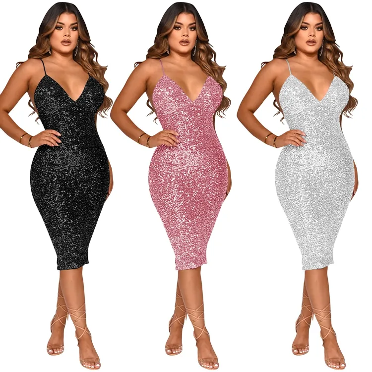 Club Sexy Backless Sequined Cocktail Dress Halter Black Women Backless Evening Elegant Slip Party Dress