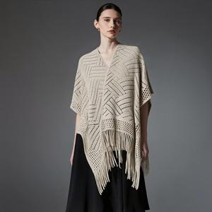 Hollow Out Knitted Tassel <b>Poncho</b> Shawl for Women Nordic Minimalist Open Front <b>Cape</b> Wrap Breathable Cover Up Casual Daily Shawl - Product Image 4