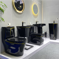 Conjunto de Baño Moderno en Negro y Dorado, Inodoro de Una Pieza con Pedestal y Lavabo, para Instalación en el Suelo