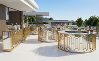 Comptoir de bar circulaire moderne en acier inoxydable doré avec plateau en verre durable pour 8 personnes, idéal pour les mariages, les fêtes, les hôtels, les événements et les bars à cocktails