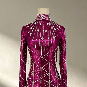 Vestido de Baile Latino Personalizado con Flecos de Pedrería, Manga Larga, Traje de Baile de Salón, Vestido de Fiesta Asimétrico para Mujer - Product Image 3