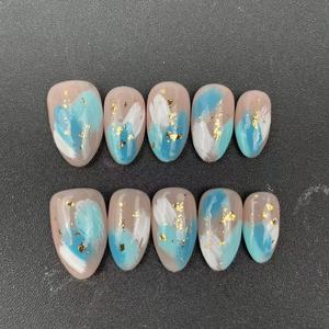<span class=keywords><strong>Uñas</strong></span> Postizas Hechas a Mano de Alta Calidad al por Mayor, Forma de Almendra, Estilo Francés Irregular Pintado a Mano en <span class=keywords><strong>Azul</strong></span>, Reutilizables - Product Image 1