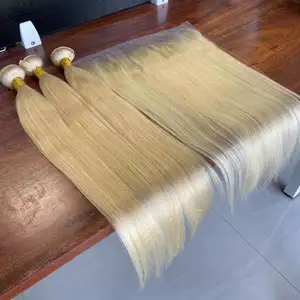 Raw Indian Cuticula Uitgelijnd Virgin Goedkope 40 Inch Menselijk Bundel Hair Vendor, Kleur Haar, blonde 613 Straight Bundels Met Sluiting