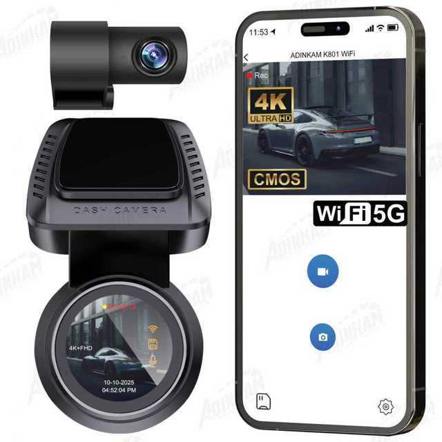 ADINKAM Innovative Mini Dual-Camera Car Driving Recorder Video Recorder Front 4K + Rear 1080P 6-Glass Lens IPS Screen Night