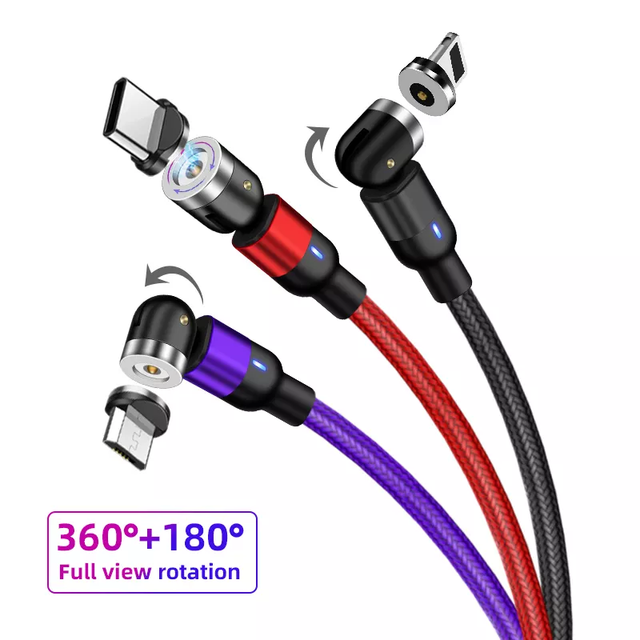 Magnetic Type C Micro USB Cable 1M 2M Phone Charger LED Data Cable 540 Degree Rotating Right-Angle for iPhone for Xiaomi