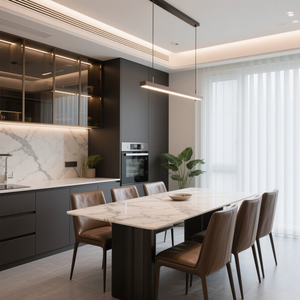 Aparatos eléctricos integrados y gabinetes de vidrio con tiras de luz emparejadas con encimeras de mármol Aparador gris - Product Image 2