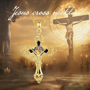 Collar con Colgante de <span class=keywords><strong>Cruz</strong></span> Crucifijo de Cobre Chapado <span class=keywords><strong>en</strong></span> Oro de 18K con Incrustaciones de Obsidiana y Esmalte Rojo y Azul, Joyería Religiosa Católica al por Mayor - Product Image 5