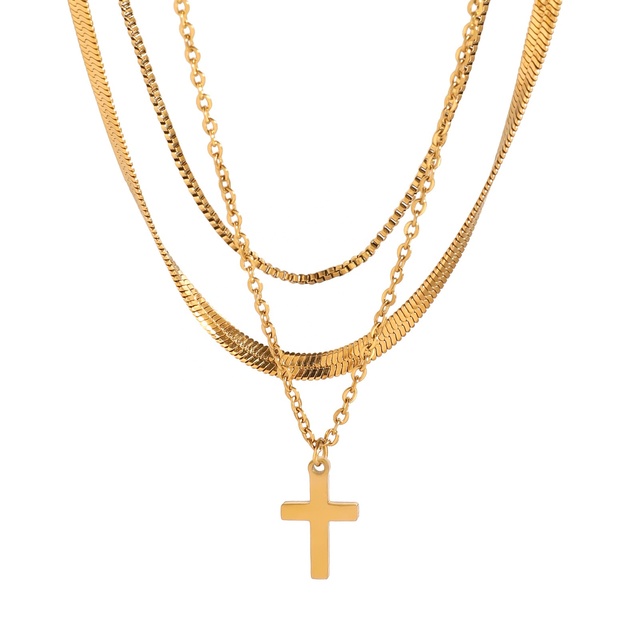 Fashion Jewelry Clavicle Chain Necklace Wholesale Stainless Steel Smooth Cross  Pendant Multi Layer Stacked Necklace for Women