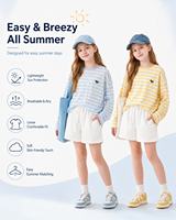 Ensemble T-shirt rayé léger à manches longues anti-UV et short blanc pour filles 2026 – Tenue décontractée ample d'été pour enfants, idéale pour l'extérieur