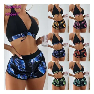 Weihnachts geschenk Sexy Halfter 3-teiliges Bikini-Set Blumen bedruckte Bade bekleidung Beach wear 2023 BH & Slips mit Damen-Bades horts