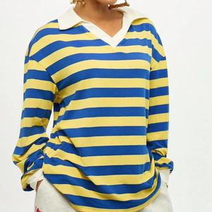 เสื้อยืดรักบี้คอวีลายทางผ้าฝ้าย 100% หนัก 280 GSM แขนยาว ทรงหลวม สไตล์สตรีทแวร์ ยูนิเซ็กซ์ รับผลิตแบบ OEM เสื้อยืดผู้ชาย - Product Image 1