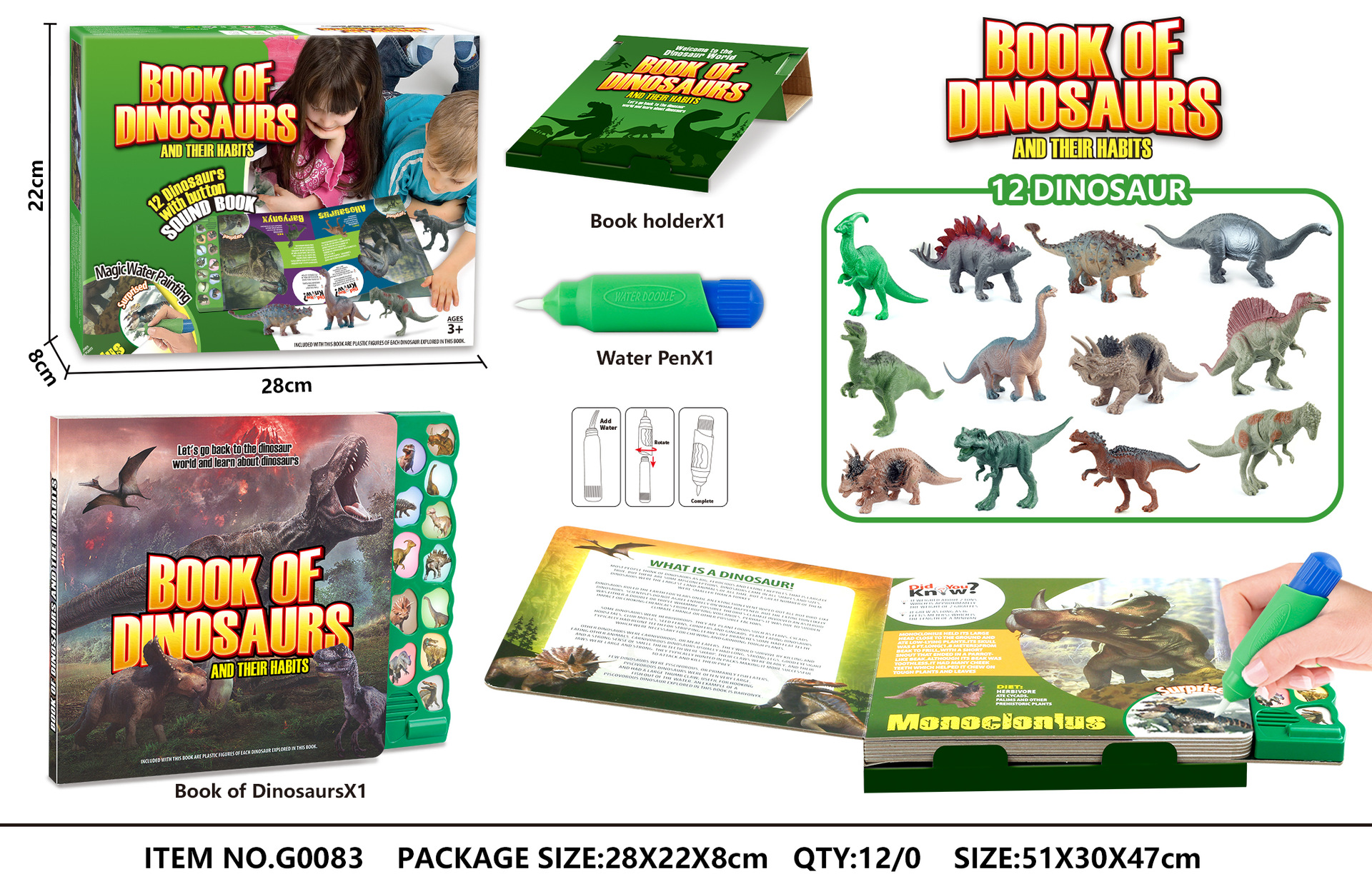 Livre d'apprentissage des dinosaures G0083 avec 12 jouets de dinosaures