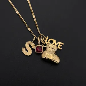 Collana Minimalista da Donna EMANCO in Acciaio Inossidabile a Tema Festa, con Ciondoli Multielemento a Forma di Lettera LOVE e Cristalli Rossi, Gioielli con Catena a Maglie - Product Image 4