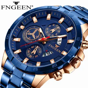 FNGEEN-reloj de cuarzo con correa de cuero para hombre, cronógrafo de pulsera con esfera Simple, estilo informal, a la moda, color azul