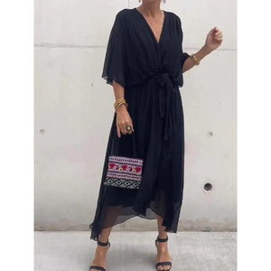 Nuovo vestito estivo da donna in tinta unita maniche a pipistrello a <span class=keywords><strong>mezza</strong></span> <span class=keywords><strong>manica</strong></span> <span class=keywords><strong>abito</strong></span> <span class=keywords><strong>lungo</strong></span> Sexy con scollo a V alla moda <span class=keywords><strong>abito</strong></span> <span class=keywords><strong>lungo</strong></span> irregolare - Product Image 5