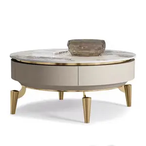 Set meja kopi bulat marmer NOVA emas, perabot ruang tamu Modern mewah, Meja samping dengan 2 laci